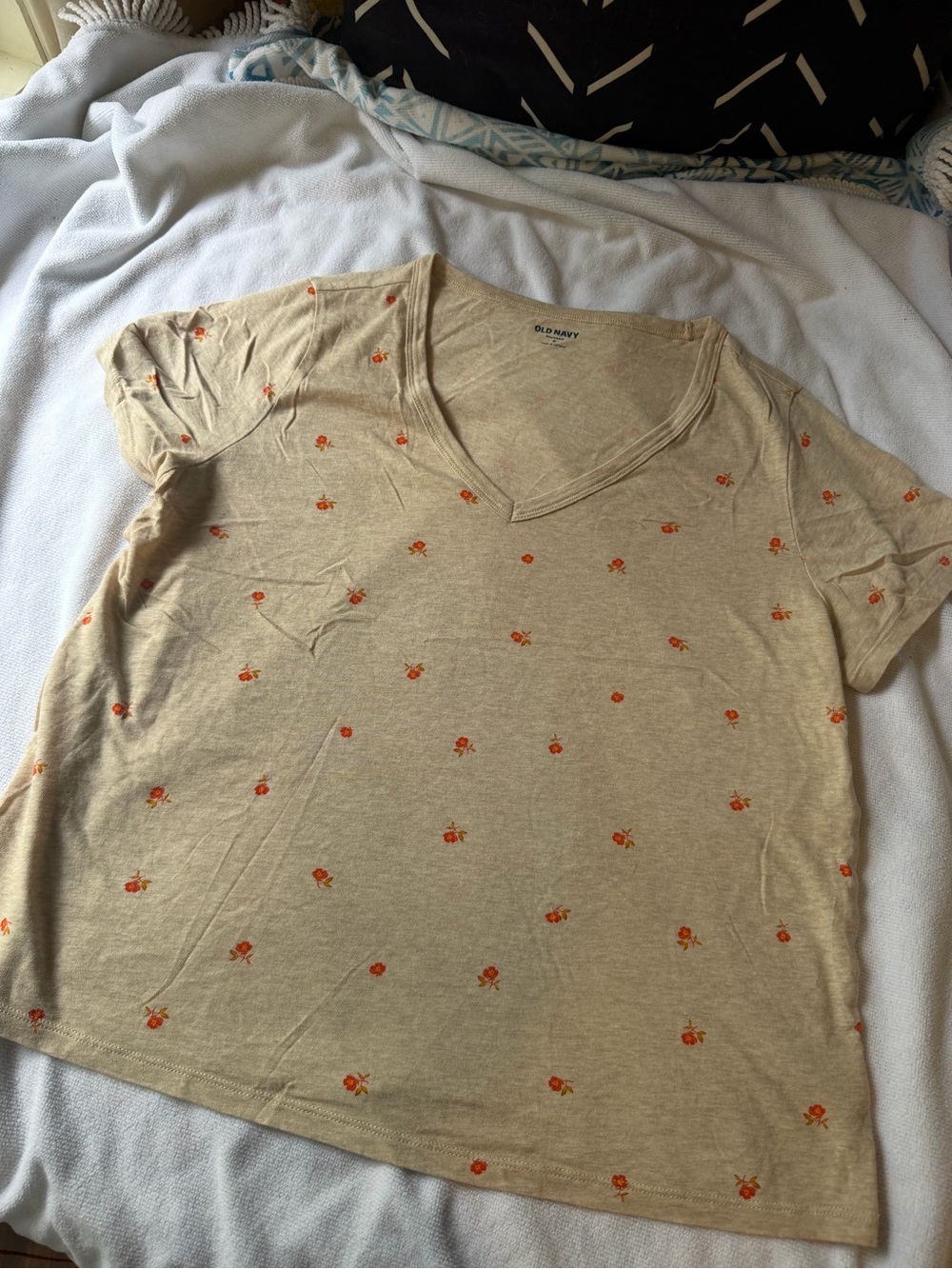 Old Navy Beige V-Neck Tee with Small Orange Floral Motif